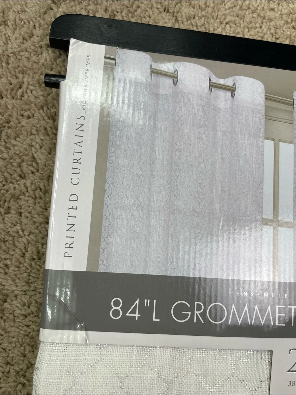 Grommet Window Panel Pair -‎ White with Metallic Silver Pattern